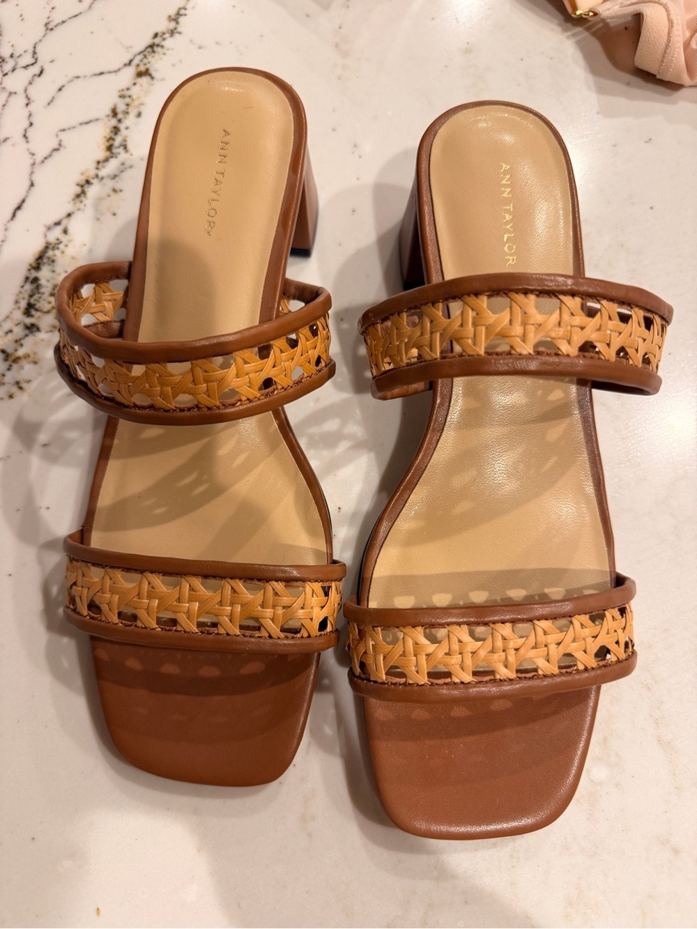 NWOT, Ann Taylor Tan Woven-Strap Block Heel Sandals, Sz 8
